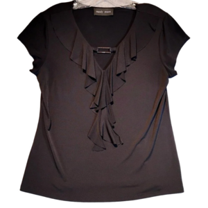 Mandy Evans Black Stretch Ruffled V-Neck Blouse CK MEASUREMENTS